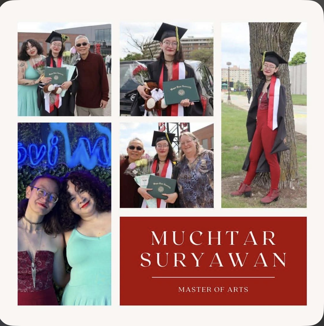 Collage of Muchtar's Master of Arts graduation celebrations