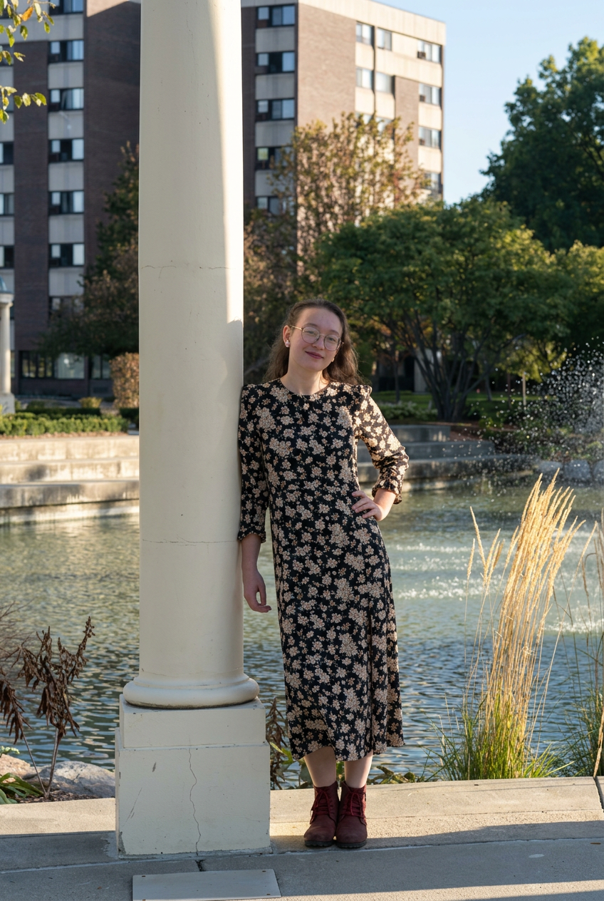 Muchtar in a floral dress beside a fountain column